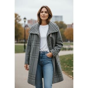 Mackage Womens Wool Button Down Leather Trim‎ Coat Size XS Green Gray